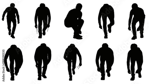 Human silhouette icon collection. Includes various poses, walking, running, and crouching figures. Created in solid black style with white background.
