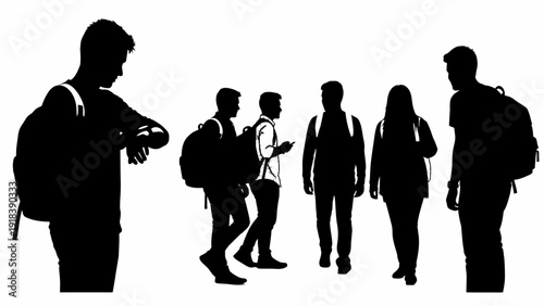 Silhouette of a group of people with backpacks standing on a white background, isolated on transparent background