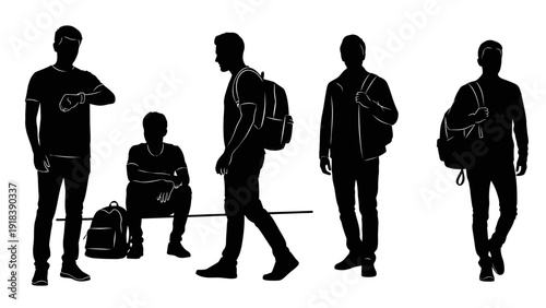Traveler silhouettes icon set. Includes five people with backpacks in different poses. Created in solid black style with white outline on transparent background