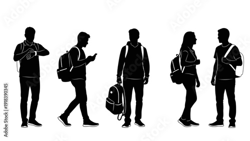 Five people silhouettes with backpacks and bags isolated on white background.