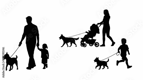 Family with dogs icon set. Includes family, parents, children, dog, pet, stroller, walking. Created in black silhouette style with white background.