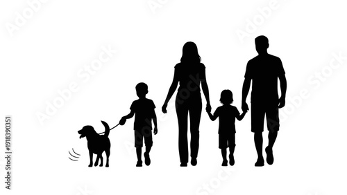 Family with dog walking silhouette, isolated on transparent background