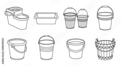 Line drawing of various plastic and wooden buckets and containers