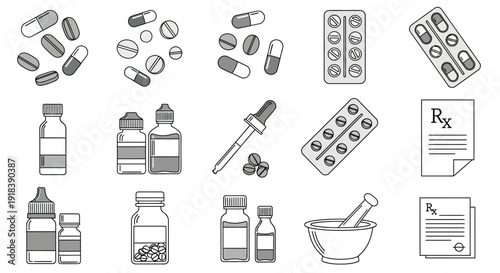 Various pharmaceutical items including pills bottles and medical prescriptions