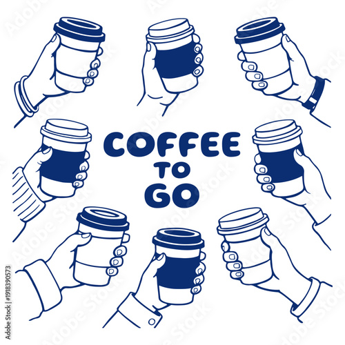 coffee to go cups in hands circle composition. Vector  hand drawn doodle Illustration.