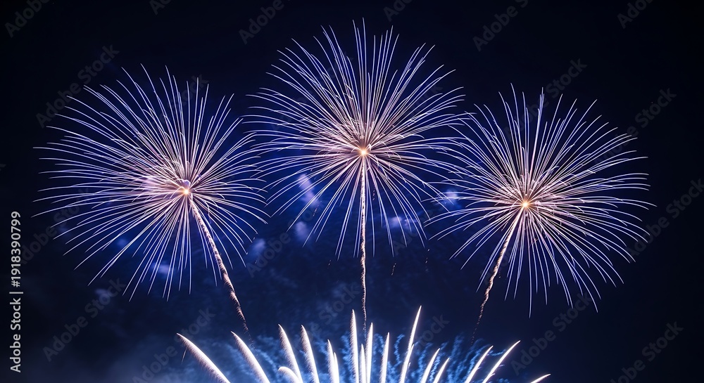 Fototapeta premium Blue Fireworks Exploding in Night Sky - Celebration Festival Sparkle.