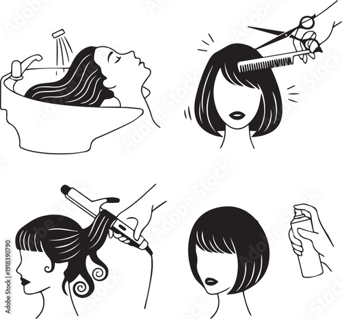 Hair Salon and Barbershop Vector Icon Set: Stylist, Scissors, Barber Pole, and Hair Dryer