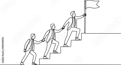 Three men in suits climbing stairs with one holding a flag at the in a black and white line