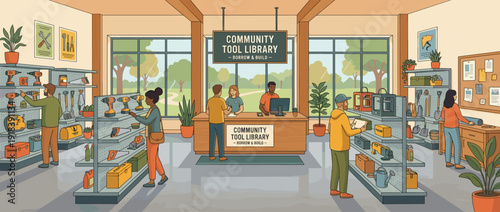 Flat vector illustration of a modern community tool library with people borrowing shared equipment like drills and saws from a lending desk in a bright, sustainable neighborhood workshop space.