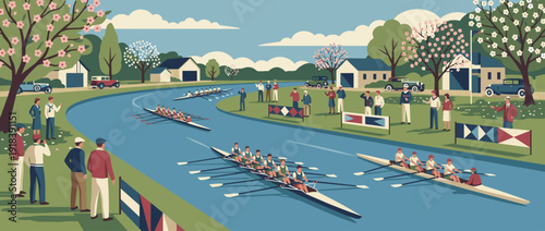 Flat vector illustration of a spring rowing regatta on a calm river with spectators on the bank, rowing shells, blossoming trees, vintage cars, and a classic sporting atmosphere in nature.