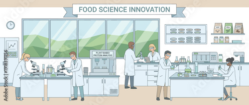 Flat vector illustration of a modern food science laboratory where scientists in lab coats conduct research on plant-based proteins like soy, pea, and almond for sustainable food innovation.