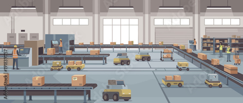 Modern Logistics Fulfillment Center Illustration Featuring Automated Conveyor Belts, Robotic Transport Vehicles, and Workers Managing Package Sorting and Distribution in a Large Industrial Warehouse.