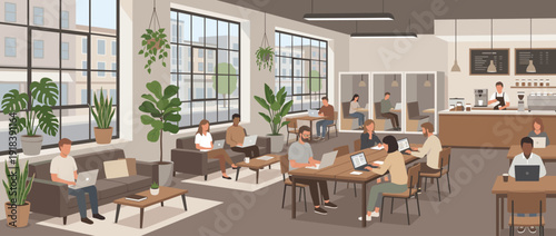 Modern coworking cafe interior flat vector illustration with people working on laptops, large windows, indoor plants, coffee bar, and private booths for digital nomads and remote workers.