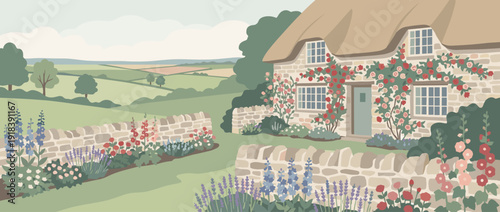 Flat Vector Illustration of a Traditional English Cottage Garden Featuring a Thatched Roof House, Stone Walls, Climbing Roses, and Rolling Green Hills in a Serene Pastoral Countryside Landscape.