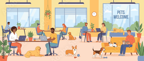 Pet friendly office interior with diverse people working on laptops at desks and sofa alongside dogs and cats, modern workspace with indoor plants and large windows, flat vector illustration.
