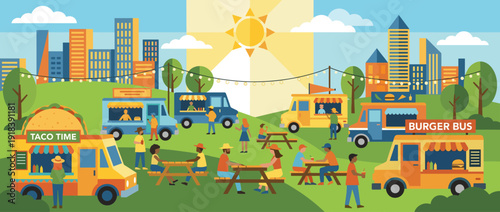 Flat vector illustration of a vibrant food truck festival in a city park with string lights, people eating at picnic tables, colorful street food vans, and a sunny urban skyline background.