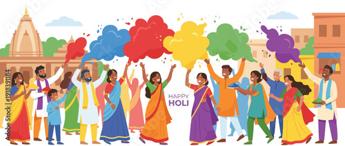 Happy Holi festival vector illustration featuring a diverse group of people in traditional Indian clothing throwing colorful powder clouds into the air near a temple and village buildings.