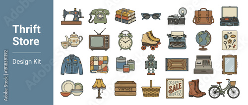 Comprehensive Vintage Thrift Store Icon Set featuring Retro Collectibles like a Sewing Machine, Rotary Phone, Record Player, Typewriter, Old Camera, Antique Furniture, and Secondhand Treasures.