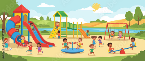 Flat Vector Illustration of a Vibrant Children's Playground in a Sunny Park Featuring Diverse Kids Playing on Colorful Slides, Swings, a Seesaw, Merry-Go-Round, and Climbing Frame by a River.