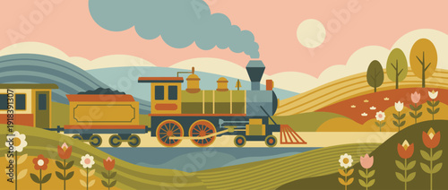 Flat vector illustration of a vintage steam locomotive traveling through a scenic blooming countryside with rolling hills, colorful spring flowers, and a bright sun in a stylized retro landscape.