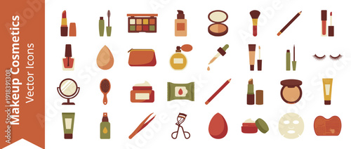 Comprehensive Set of 32 Flat Vector Icons for Makeup and Cosmetic Products in Warm Earthy Tones. Includes Lipstick, Mascara, Eyeshadow, Foundation, Brushes, Skincare, Perfume, and Beauty Tools.