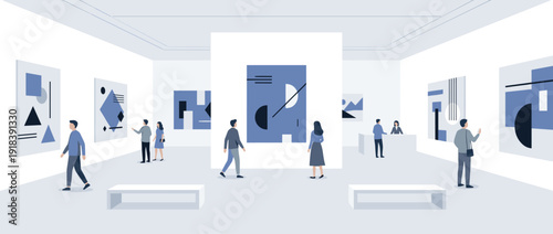 Flat Vector Illustration of a Modern Art Gallery with Abstract Geometric Paintings on White Walls. People Visiting a Museum Exhibition, Walking Around and Looking at Contemporary Artwork.