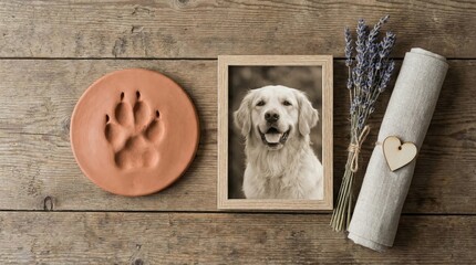 memorial setup with dog paw imprint, photo frame, lavender and rolled cloth on wooden table