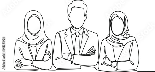 Three people in business attire with two wearing headscarves standing side by side line black and white