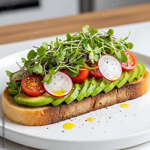 Delicious Avocado Toast with Fresh Vegetables and Microgreens.