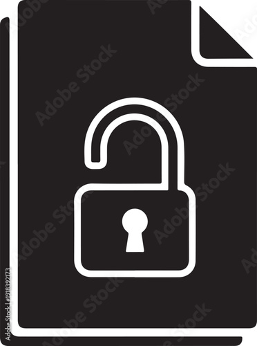 Black and white of an open padlock on a document unlock security d