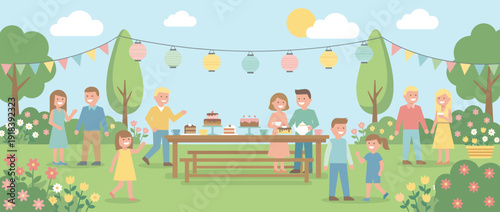 Flat vector illustration of a festive spring garden party with people mingling outdoors. Features paper lanterns, bunting, a table with cakes and tea, and happy families in a sunny green park.