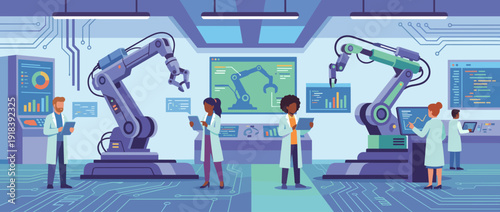 Modern Flat Vector Illustration of a Robotics Laboratory with Diverse Engineers Programming Industrial Mechanical Arms, Scientists Monitoring Artificial Intelligence and Automation Technology.