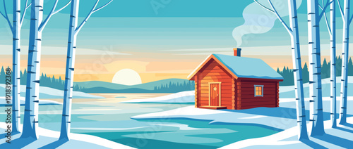 Serene flat vector illustration of a traditional Nordic log cabin sauna by a frozen lake with birch trees at sunset. Winter landscape with snow, smoke from chimney, and warm golden hour light.