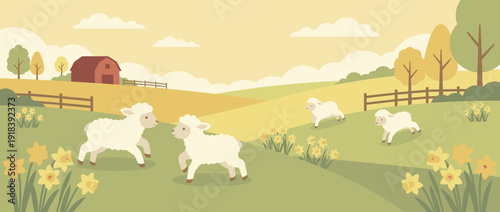 Flat Vector Illustration of Cute Spring Lambs Playing in a Green Meadow with Yellow Daffodils on a Hillside Farm with a Red Barn, Fences, and Trees under a Soft Pastel Sky, Pastoral Countryside Scene.