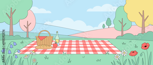 Flat vector illustration of a spring picnic in a sunny meadow with wildflowers and a red checkered blanket. Wicker basket with bread, apple, and wine bottle on a gingham cloth in a park landscape.