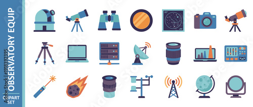 Vector Icon Set of 20 Astronomical Observatory Equipment Items in Flat Design Style Featuring Telescopes, Binoculars, Satellite Dish, Camera, Server, and Star Charts for Space Science Research.