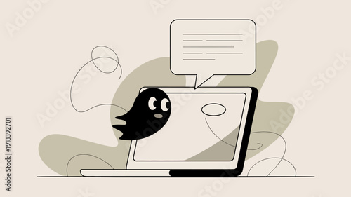 A minimalist illustration depicts a black bird emerging from a laptop screen positioned above a speech bubble with text lines high quality professional detailed modern elegant