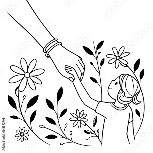 Line art illustration of a child's hand being held by a larger hand, surrounded by plants and flowers, symbolizing guidance and nurturing.