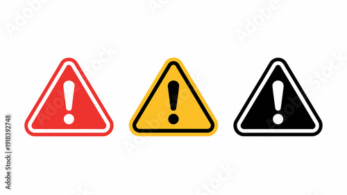 Three triangular warning signs are displayed each with a black exclamation mark and differing in background and border colors high quality professional detailed modern elegant stylish