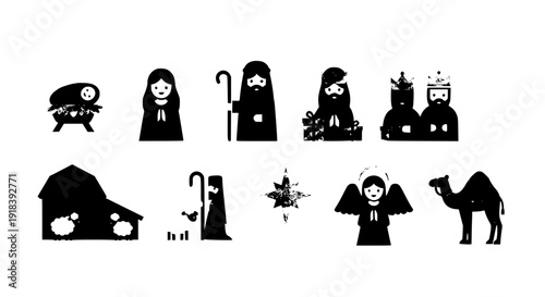 Minimal flat nativity scene icon set editable Christmas manger vector collection