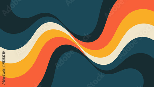 An abstract background displays flowing overlapping waves of color featuring shades of orange yellow cream and deep teal high quality professional detailed modern elegant stylish clean