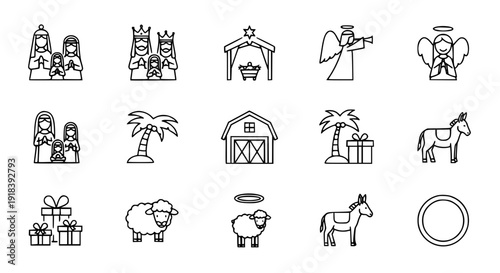 Editable outline nativity scene icons monoline Christmas holy family vector set