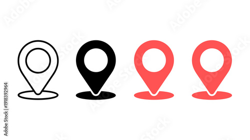 Four variations of a location pin icon are displayed black outline solid black red outline and solid red high quality professional detailed modern elegant stylish clean