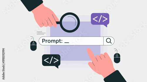 An illustration depicts hands interacting with a digital interface focusing on code and a search prompt symbolizing software development and debugging high quality professional detailed modern