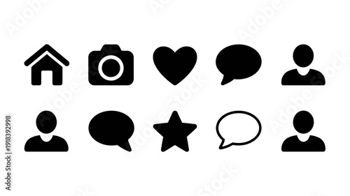 A collection of nine simple black vector icons depicting a house camera heart speech bubble and human figures high quality professional detailed modern elegant stylish clean