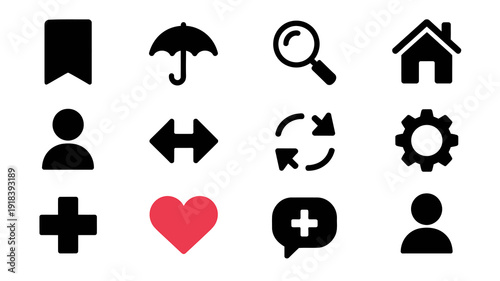 A collection of simple flat black icons including a bookmark umbrella magnifying glass house plus sign and more high quality professional detailed modern elegant stylish clean