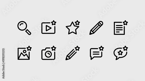 A collection of simplistic black line icons representing common digital actions and features including search video and editing high quality professional detailed modern elegant stylish clean