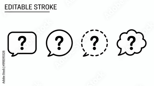A series of four black outline speech bubbles each containing a question mark varying in style and detail high quality professional detailed modern elegant stylish clean