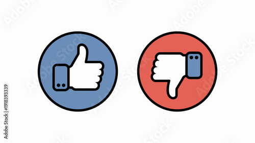 A graphic displays two circular icons a blue thumbs up and a red thumbs down representing positive and negative feedback options high quality professional detailed modern