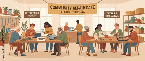 Modern community repair cafe flat vector illustration with diverse people fixing electronics, sewing clothes, and repairing bicycle wheels to promote sustainability and a circular economy.